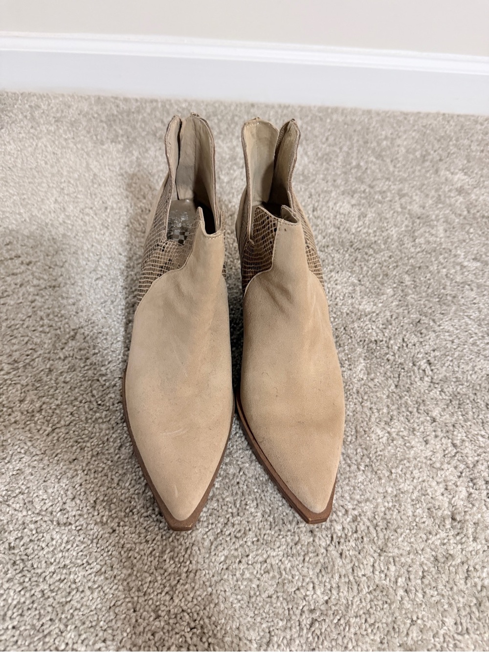 Vince Camuto Beige Suede Pointed Toe Ankle Booties